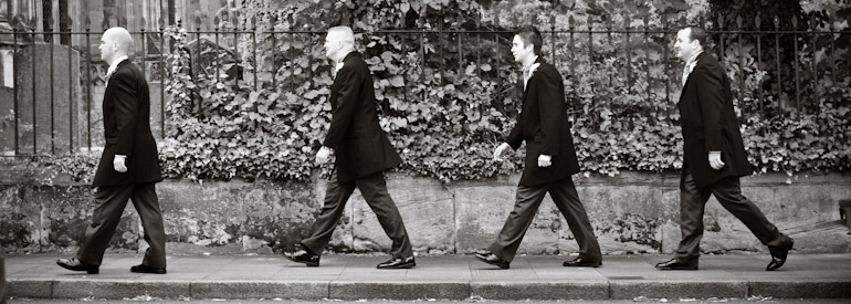Stags on their way to a wedding in Warwick, Abbey Road style